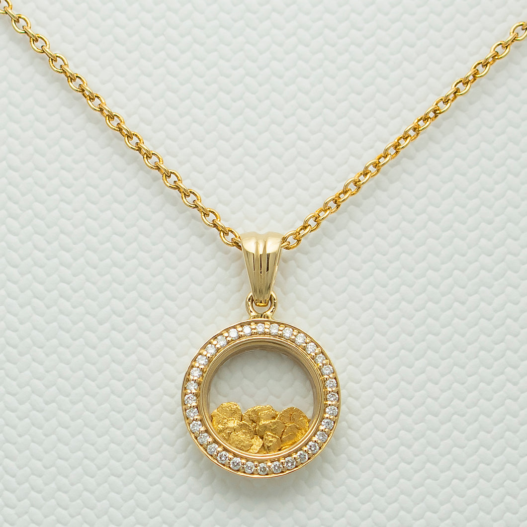 Small diamond, 18K & natural gold flake pendant